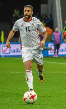 Kazan, Rusya - 10 Ekim 2017. İran milli futbol takımı kanadı Saman Goddos uluslararası dost Rusya İran 'a karşı (1-1))