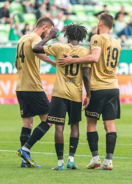 Budapest, Hungary - May 4, 2022. Ferencvaros players celebrating Tokmacs goal in Hungarian OTP Bank Liga Gameweek 31 match Ferencvaros vs Zalaegerszegi (5-3).