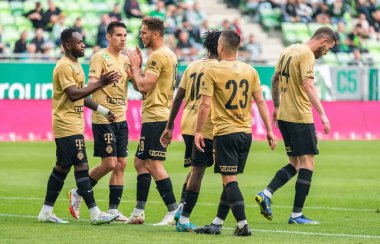 Budapest, Hungary - May 4, 2022. Ferencvaros players celebrating Tokmacs goal in Hungarian OTP Bank Liga Gameweek 31 match Ferencvaros vs Zalaegerszegi (5-3).