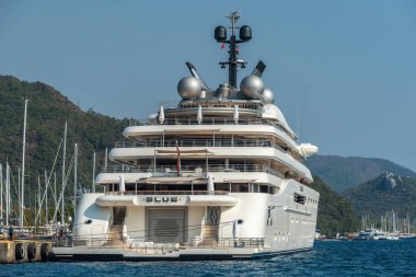 Marmaris, Turkey - September 2, 2022. Blue superyacht owned by Emirati billionaire Sheikh Mansour, in Netsel Marina port of Marmaris, Turkey. Formerly known as Project Blue, the yacht was launched by Lurssen in 2022 and is fifth largest in the worl