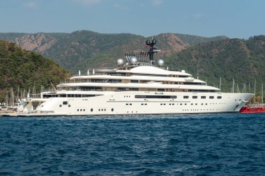 Marmaris, Turkey - September 2, 2022. Blue superyacht owned by Emirati billionaire Sheikh Mansour, in Netsel Marina port of Marmaris, Turkey. Formerly known as Project Blue, the yacht was launched by Lurssen in 2022 and is fifth largest in the worl
