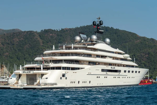 Marmaris, Turkey - September 2, 2022. Blue superyacht owned by Emirati billionaire Sheikh Mansour, in Netsel Marina port of Marmaris, Turkey. Formerly known as Project Blue, the yacht was launched by Lurssen in 2022 and is fifth largest in the worl