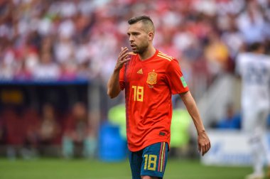 Moscow, Russia - July 1, 2018. Spain national football team left-back Jordi Alba during FIFA World Cup 2018 quarterfinal Spain vs Russia (1-1).
