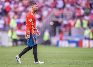 Moscow, Russia - July 1, 2018. Spain national football team centre-back Sergio Ramos  during FIFA World Cup 2018 Round of 16 match Spain vs Russia.