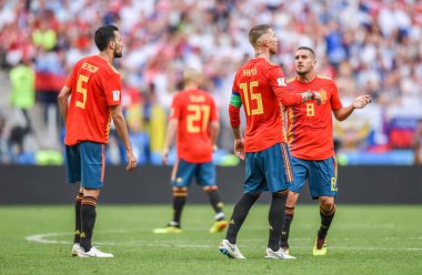 Moscow, Russia - July 1, 2018. Spain national football team players Sergio Busquets, Sergio Ramos and Koke during FIFA World Cup 2018 quarterfinal Spain vs Russia (1-1).