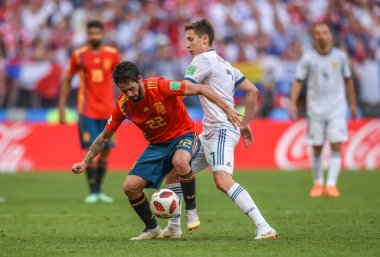 Moscow, Russia - July 1, 2018. Spain national football team midfielder Isco in action during FIFA World Cup 2018 quarterfinal Spain vs Russia (1-1).