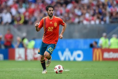 Moscow, Russia - July 1, 2018. Spain national football team midfielder Isco during FIFA World Cup 2018 Round of 16 match Spain vs Russia (1-1)