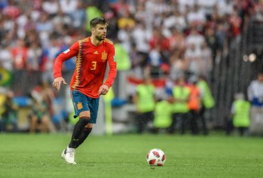 Moscow, Russia - July 1, 2018. Spain national football team defender Gerard Pique in action during FIFA World Cup 2018 quarterfinal Spain vs Russia (1-1).