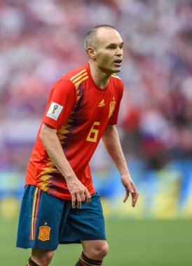 Moscow, Russia - July 1, 2018. Spain national football team midfielder Andres Iniesta during FIFA World Cup 2018 Round of 16 match Spain vs Russia (1-1)