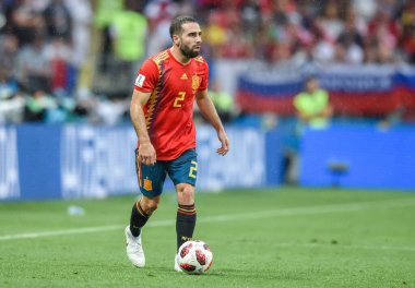 Moscow, Russia - July 1, 2018. Spain national football team right-back Dani Carvajal in action during FIFA World Cup 2018 Round of 16 match Spain vs Russia (1-1)