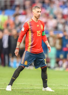 Moscow, Russia - July 1, 2018. Spain national football team centre-back Sergio Ramos  during FIFA World Cup 2018 Round of 16 match Spain vs Russia (1-1).