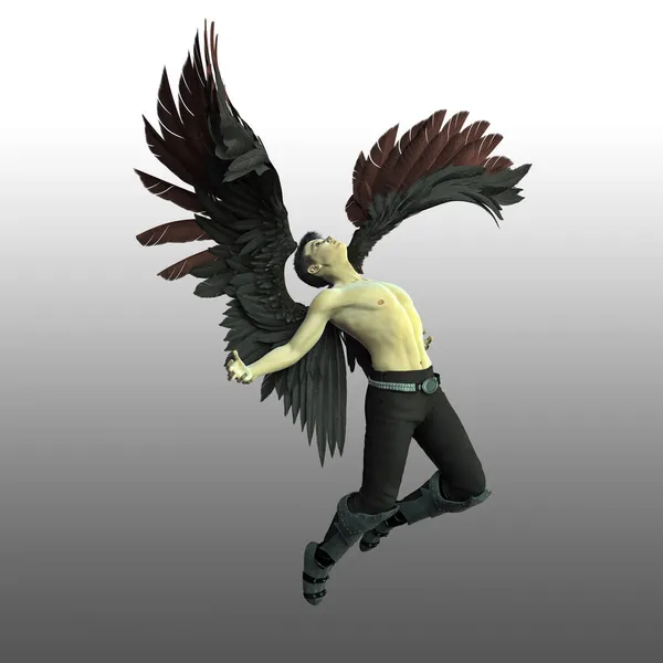 Knappe Overhemdloze Donkere Engel Met Zwarte Vleugels Tijdens Vlucht Met — Stockfoto
