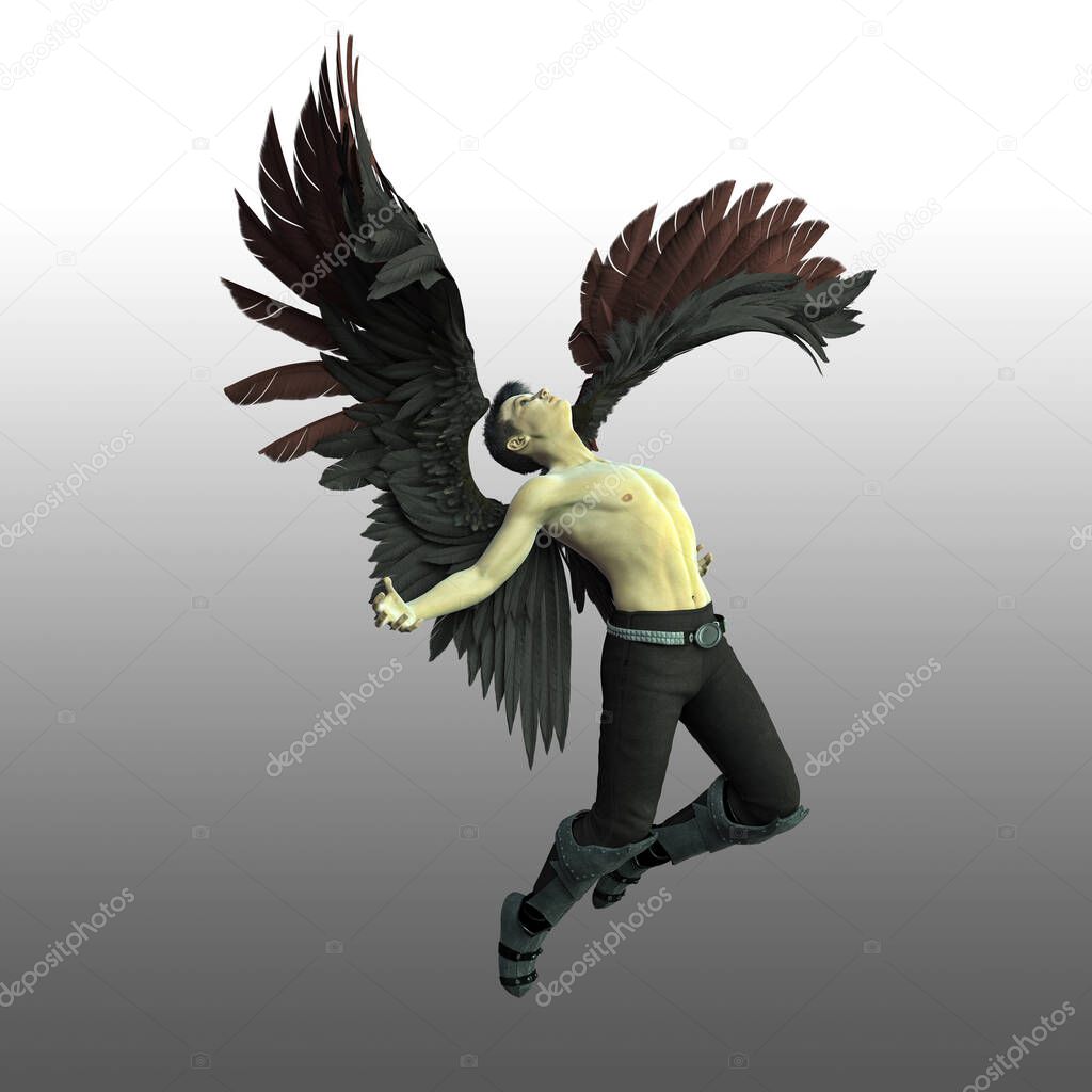 Handsome shirtless dark angel with black wings in flight with back arched and arms outstretched. Rendered in a softer style ideal for book cover and illustration art and design work.