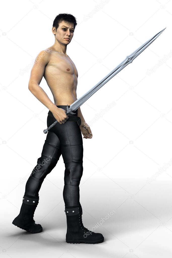 Tough urban fantasy style man holding an ornate sword. The figure is isolated on a white background. Rendered in a softer style ideal for book cover and illustration art and design work.