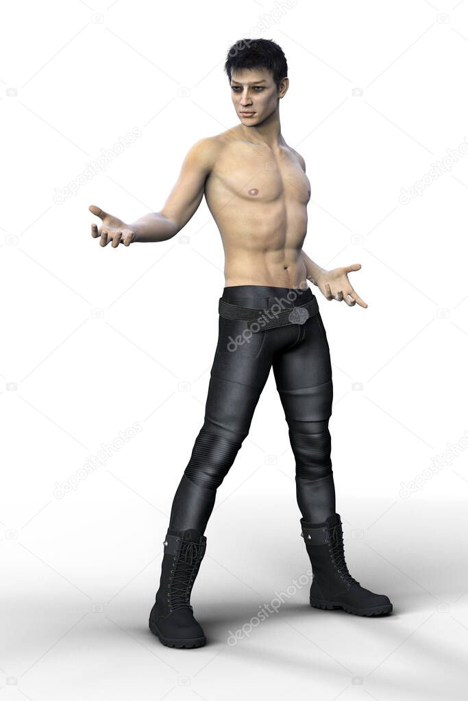 Fit athletic urban fantasy style man holding his arms outstretched in a magical pose. The figure is isolated on a white background. Rendered in a softer style ideal for book cover and illustration art and design work. 