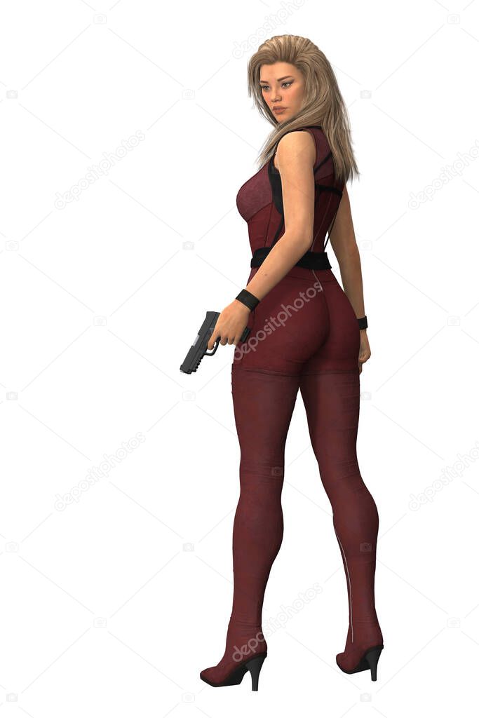 Full figure render of a beautiful woman in a red leather bodysuit and high heel boots holding a gun. Ideal for illustration and book cover art and design work.