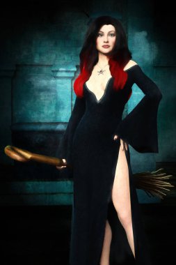 Güzel, sofistike ve zarif bir cadının uzun siyah bir elbise giydiği ve elinde süpürge tuttuğu tasviri. Şekil karanlık bir mahzende geçiyor..