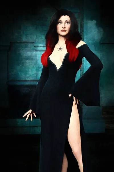 Иллюстрация Красивой Элегантной Ведьмы Длинном Темном Платье Фигура Установлена Темной — стоковое фото