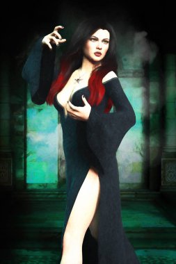 Uzun siyah elbiseli güzel bir cadının resmedilmiş hali. İki eli de büyü pozunda. Esmer, klasik ortaçağ tarzında bir odanın arka planına dayanıyor.. 