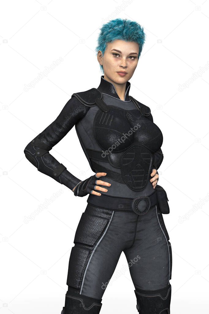 Strong woman wearing protective body armour standing with her hands on her hips in an assertive pose.