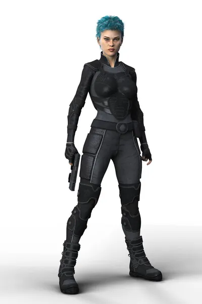 黒い体の鎧を着た強い女性が積極的に立ち 彼女の側に銃を保持します — ストック写真
