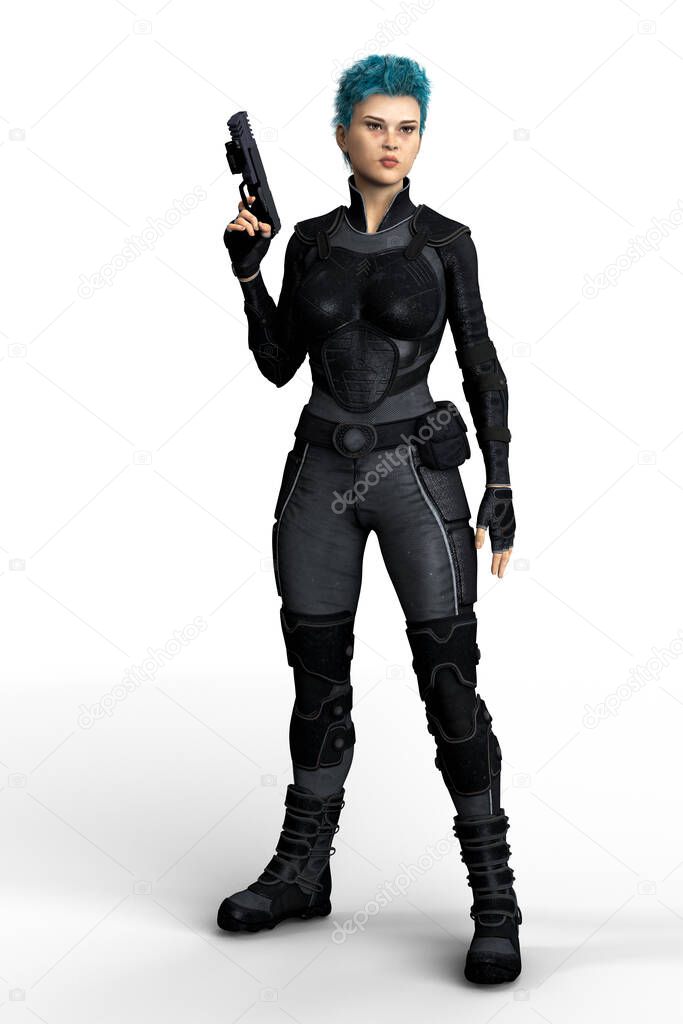 3D woman wearing protective body armour in an assertive standing pose holding a futuristic gun. Isolated on a white background.