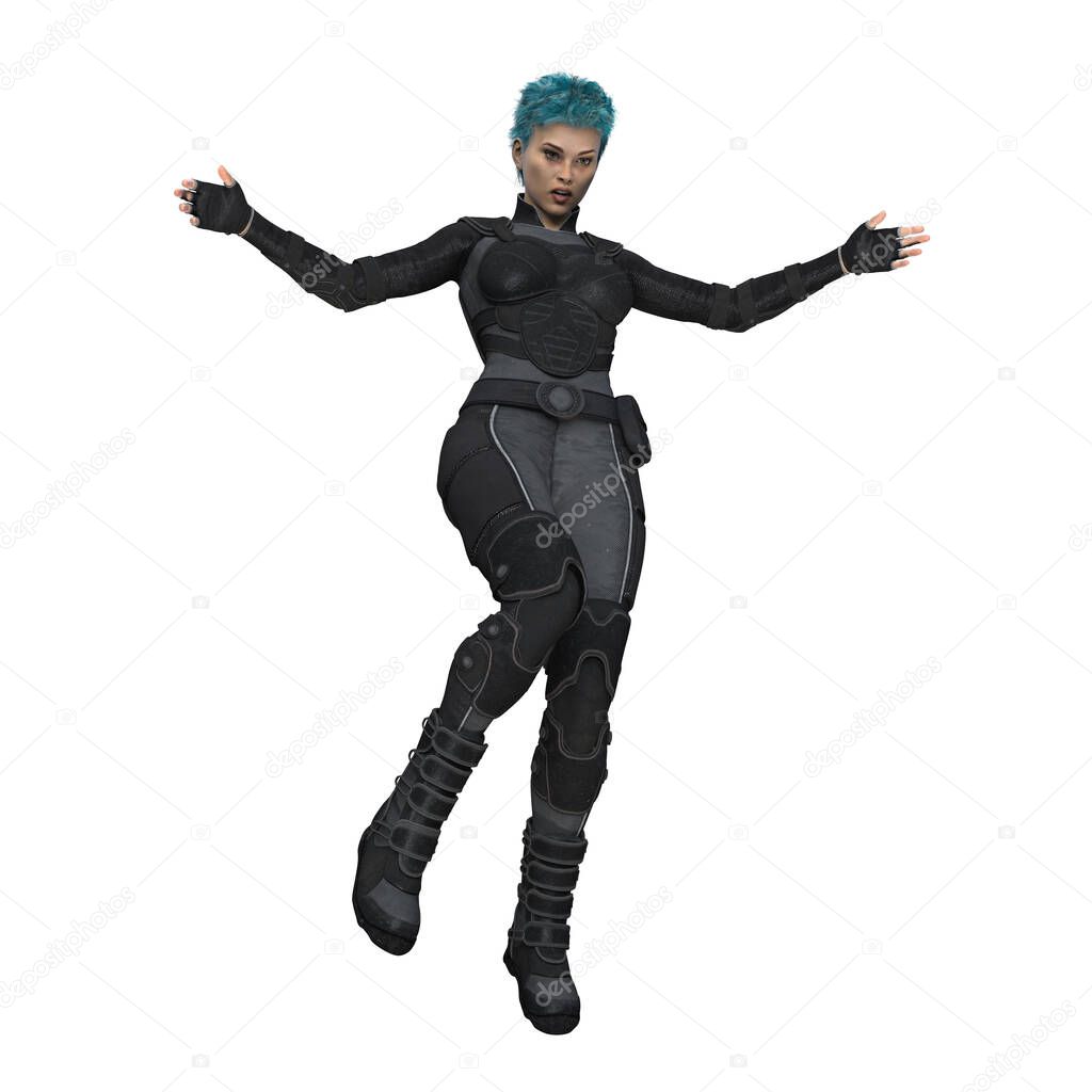 CGI render of a woman wearing futuristic cyber body armor in a jumping or falling pose.