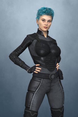Güzel, güçlü bir bilim kurgu ya da vücut zırhı giyen siber punk kadın karakteri. Şekil mavi arkaplana göre ayarlanır ve kitap kapağı ve resim çalışması için idealdir.