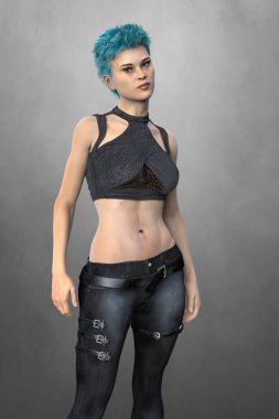 Güçlü, iddialı, kendinden emin, fütürist siber giysiler giyen kadın kameraya bakıyor..