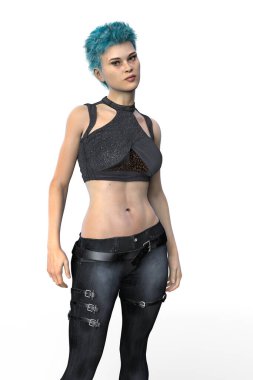 Kendine güvenen, fütüristik kıyafetler giymiş, kameraya bakan güzel bir kadının izole edilmiş görüntüsü.