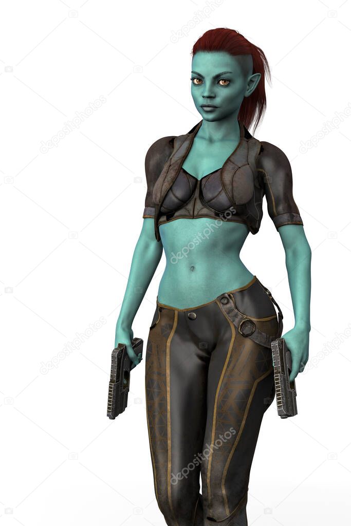 Beautiful alien woman holding two cyber style guns. Isolated on a white background. Ideal for book cover and illustration work.