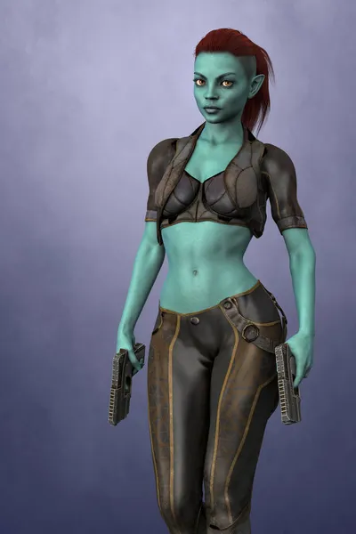 Render Alien Woman Holding Two Guns Set Tinted Background — Stock Photo, Image