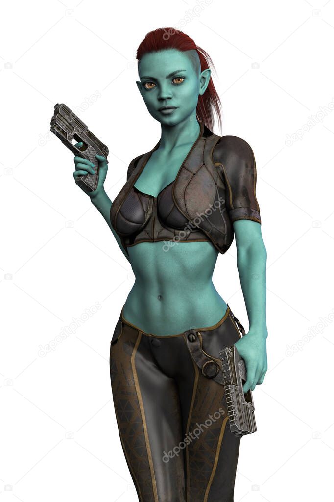 Render of an alien space traveller walking towards the camera holding two guns. Isolated on a white background. One of a series.
