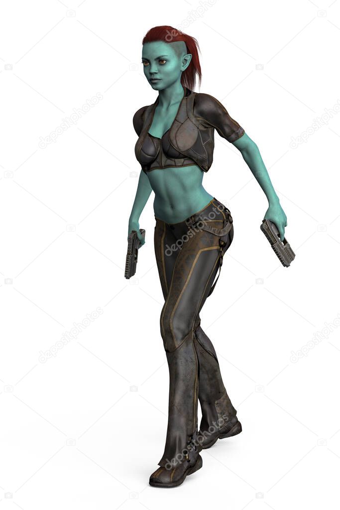 Full figure render of an alien woman walking with two guns