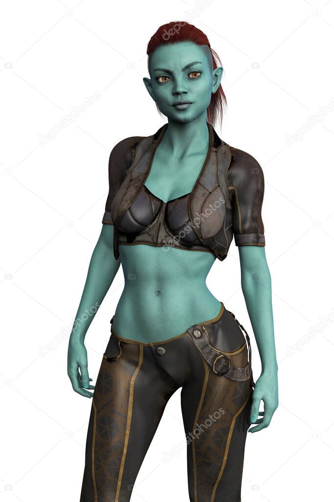 Beautiful alien woman wearing brown leather cyber clothing. Isolated against a white background. One of a series.