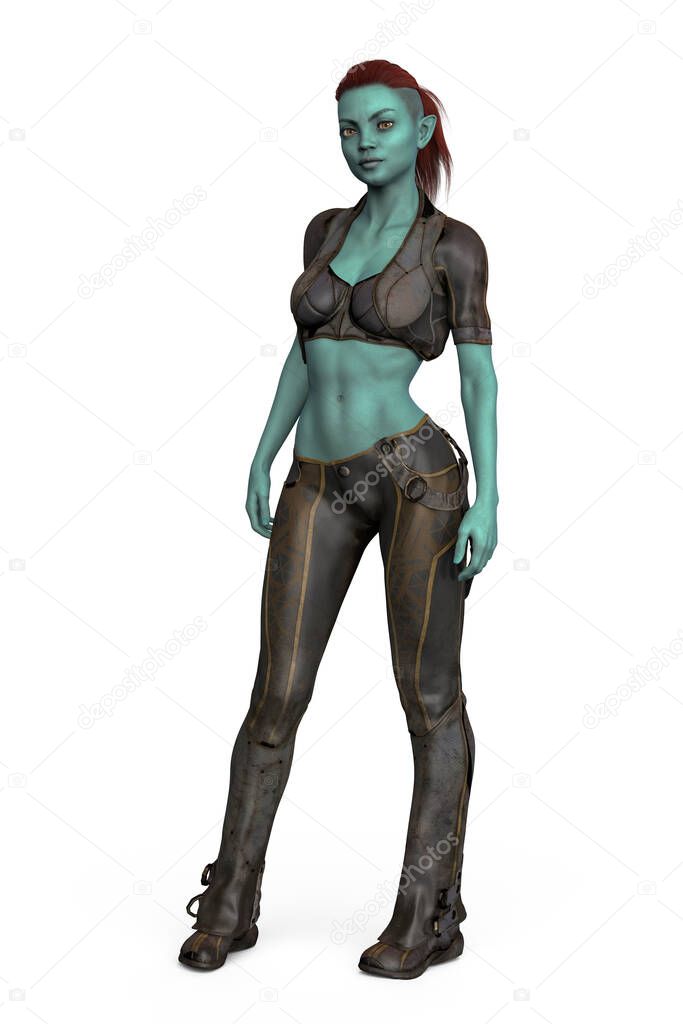 Assertive alien woman standing facing the camera with her arms by her side. One of a series.
