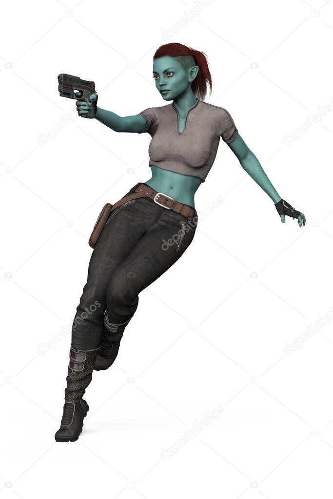 Alien woman holding a cyber gun and running. One of a series.