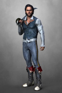 Yakışıklı korsan adam omzuna kılıç dayayıp dinleniyor. Dizilerden biri. İllüstrasyon ve kitap kapağı sanatı ve tasarım çalışmaları için daha yumuşak bir tarzda hazırlanmıştır..