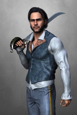 Omzunda kılıç tutan yakışıklı bir erkek korsan. Dizilerden biri. İllüstrasyon ve kitap kapağı sanatı ve tasarım çalışmaları için daha yumuşak bir tarzda hazırlanmıştır..