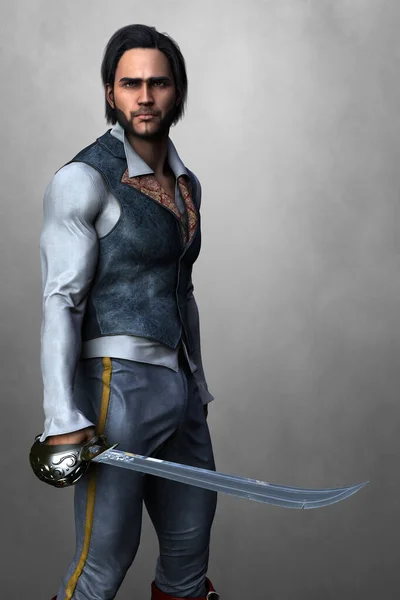Όμορφος Αρσενικός Πειρατής Που Φοράει Φανταχτερή Στολή Και Κρατάει Σπαθί — Φωτογραφία Αρχείου