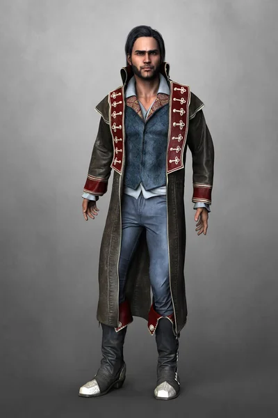 Beau Homme Portant Long Manteau Cuir Costume Pirate Boucle Déployante — Photo