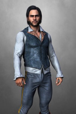 Korsan tarzı giyinmiş yakışıklı bir adam elleri yanında duruyor. Dizilerden biri. İllüstrasyon ve kitap kapağı sanatı ve tasarım çalışmaları için daha yumuşak bir tarzda hazırlanmıştır..