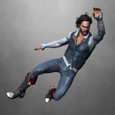 Korsan tarzı giyinmiş ve deri çizmeli bir adam aşağı atlıyor. Dizilerden biri. İllüstrasyon ve kitap kapağı sanatı ve tasarım çalışmaları için daha yumuşak bir tarzda hazırlanmıştır..