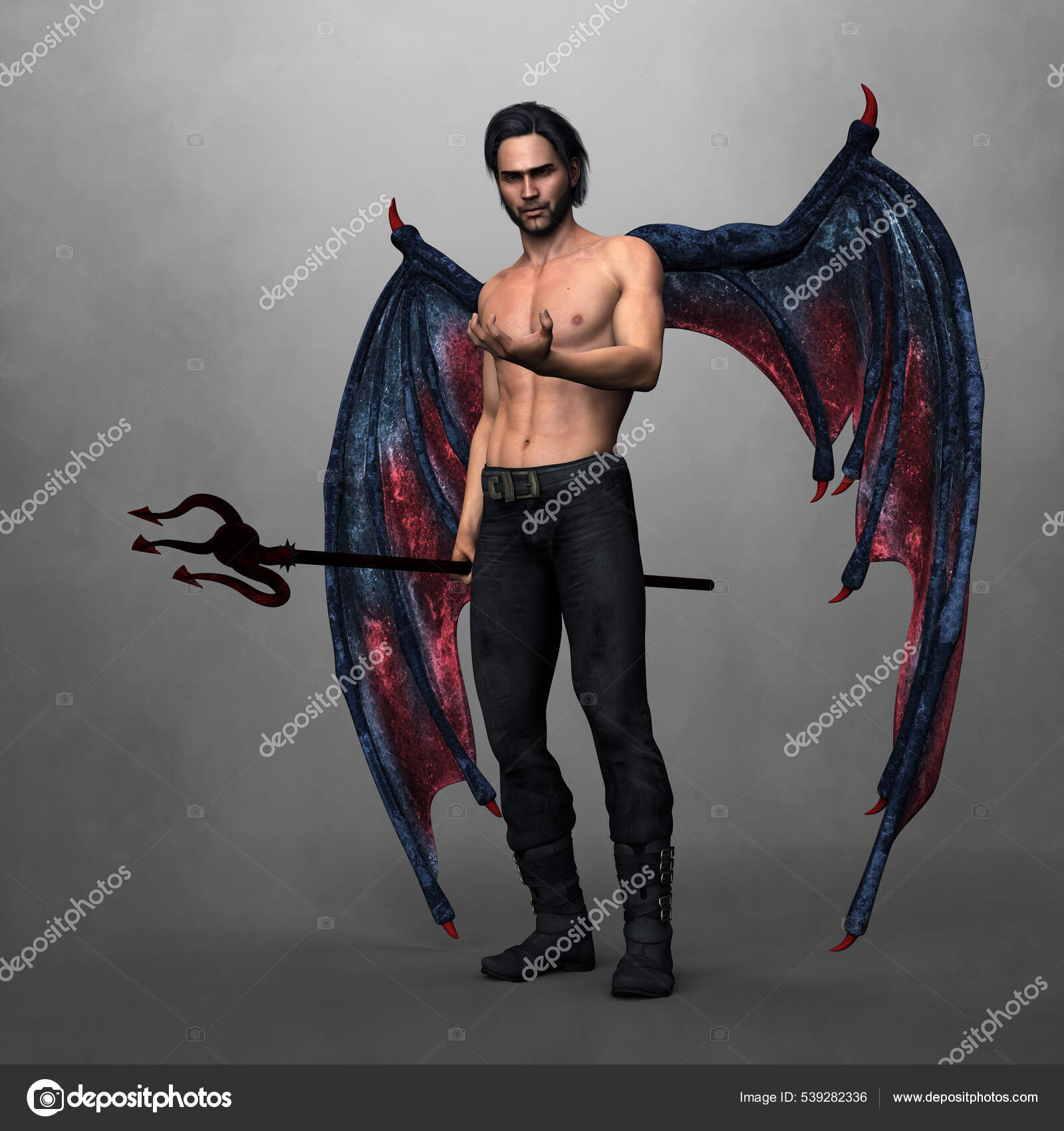 Handsome Dark Demon Angel Holding Pitchfork Looking His.