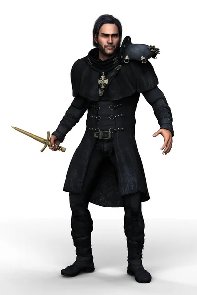 Handsome Man Black Leather Outfit Holding Dagger Action Pose One — Fotografia de Stock