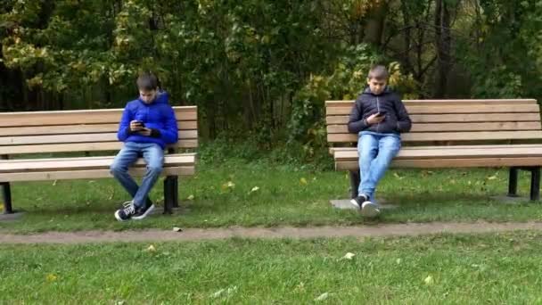 十代の携帯電話、ビデオゲーム、ソーシャルメディア中毒。木製の公園のベンチに座っている10代の男の子と屋外で通信、会話、または遊ぶ代わりに携帯電話を使用しています。 — ストック動画