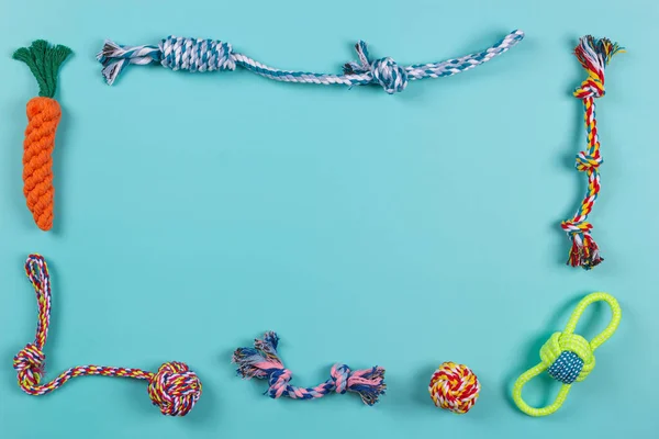 Красочные игрушки хлопчатобумажные веревки для кота щенка на светло-голубом фоне. Вид сверху, пространство для копирования — стоковое фото