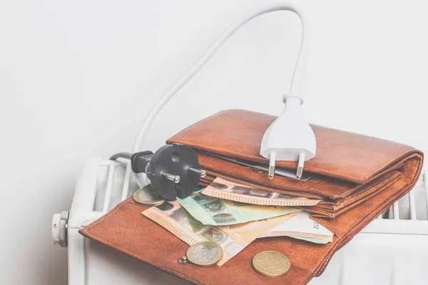 Elektrik güç kaynağı kabloları, evdeki ısıtıcı bataryaların üzerine yerleştirilmiş cüzdanın içine takılı. Elektrik ve ısıtma faturaları. Artan elektrik faturaları ve pahalı enerji kavramı
