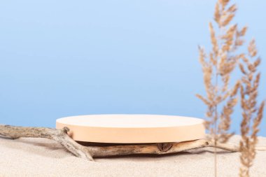 Yuvarlak bej platform podyumu, beyaz kumsalda kuru ağaç dalları ve ön planda kuru bükülmüş bitki. Kozmetik veya ürün sunumu için en az yaratıcı kompozisyon. Ön görünüm