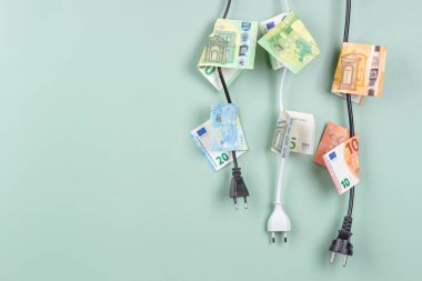 Üzerinde Avro banknotları olan elektrik prizleri açık yeşil arka planda asılı. Enerji verimliliği, enerji tüketimi, elektrik maliyeti ve pahalı enerji kavramı